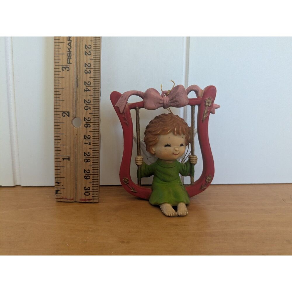 Vintage Kurt Adler Santas World Girl Angel On Harp Shaped Swing Ornament #H-2927